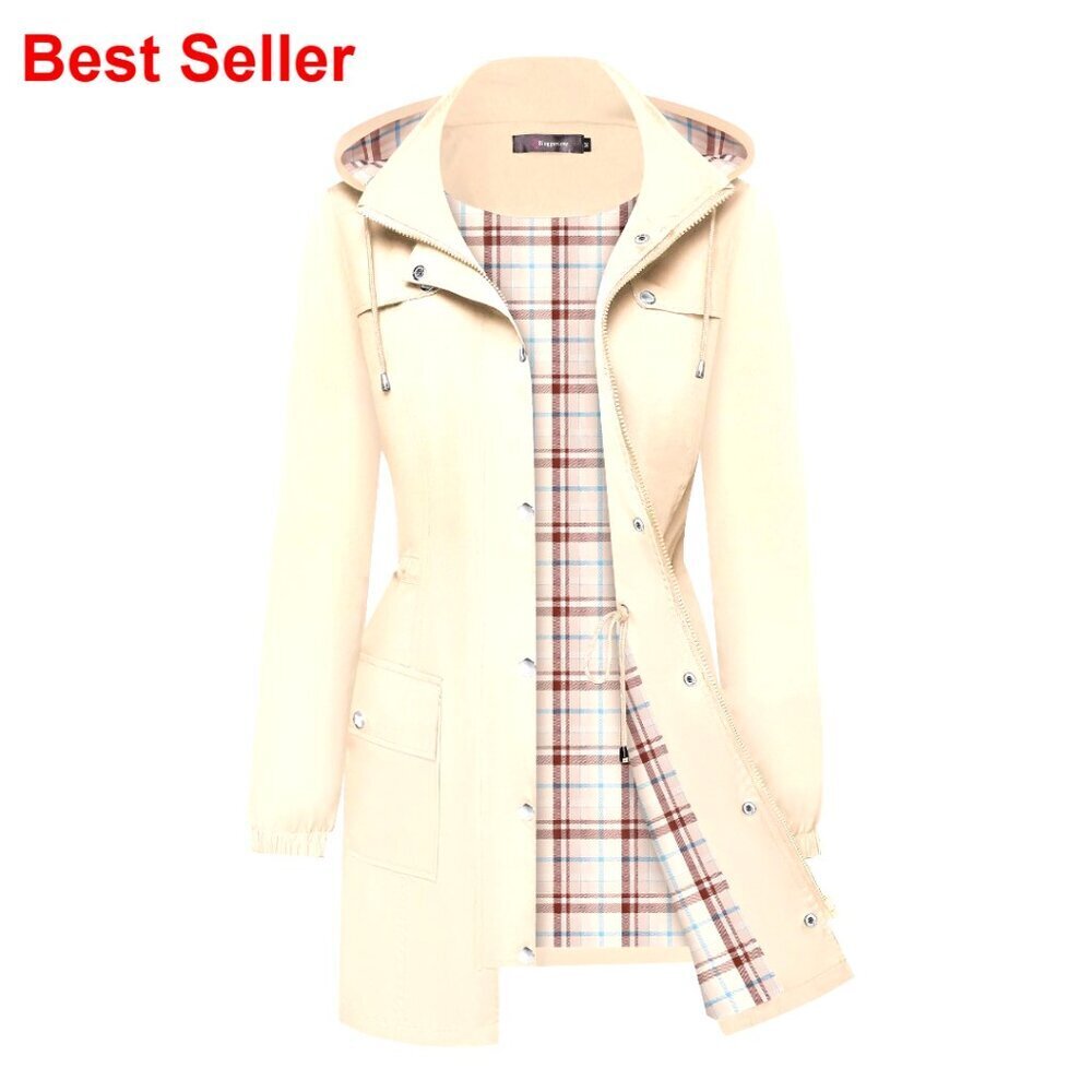 Lightweight Waterproof Rain Jacket with Plaid Lining and Hood